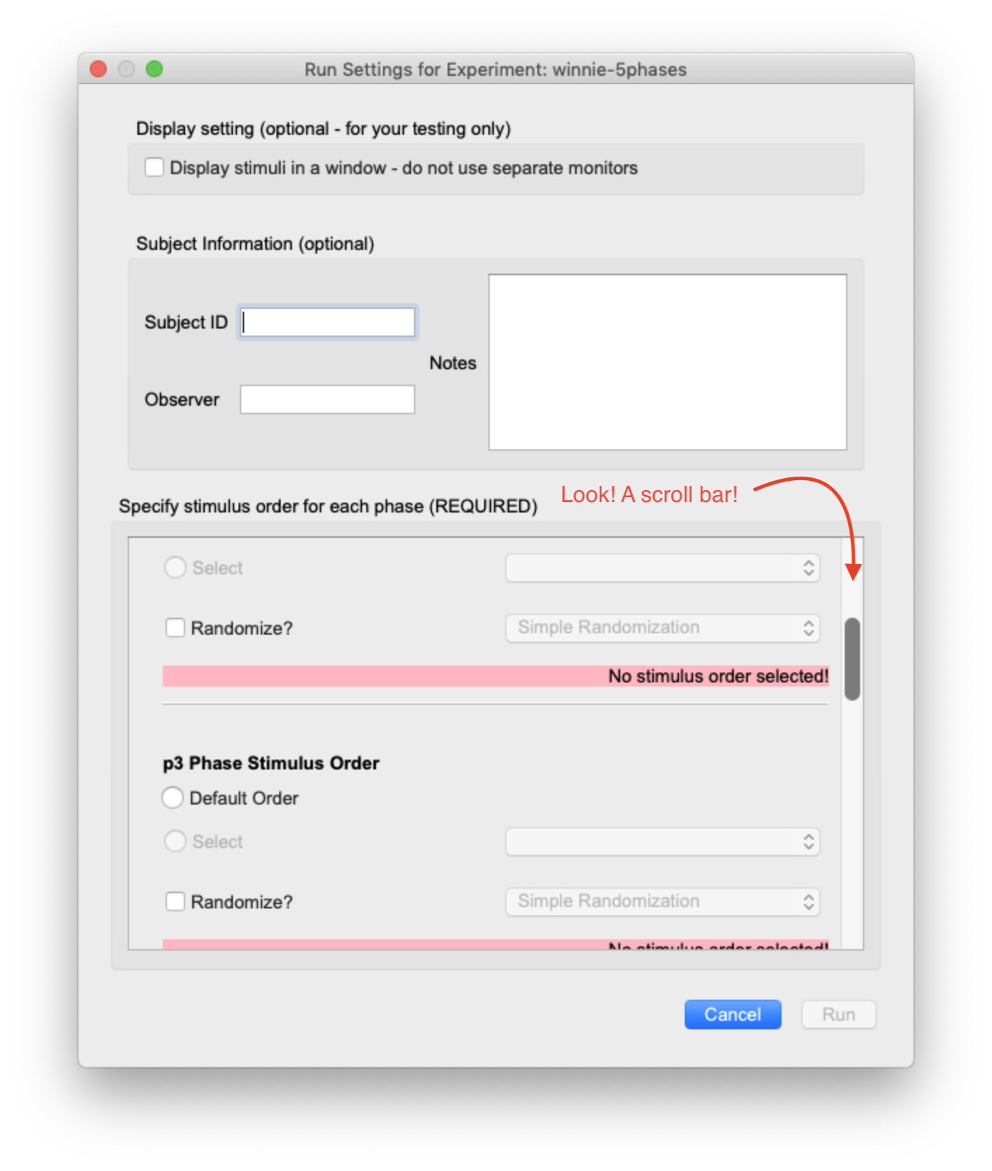 Run settings with many phases shows a scroll bar. 